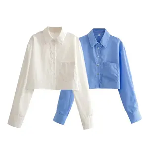 TAOP&ZA 2023 autumn new women's casual white long-sleeved open waist pocket poplin short shirt women wholesale 3067041