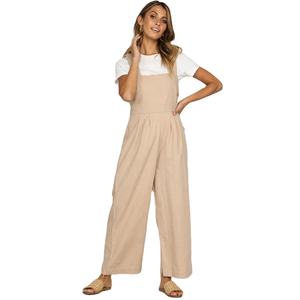 Sexy Women Khaki Loose Side Buttons Linen Cotton <strong>Jumpsuits</strong> and Rompers - Product Image 1