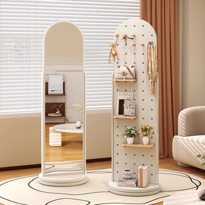 กระจกแต่งตัวแบบหมุนได้เต็มตัว พร้อมชั้นวางของแบบ Pegboard และตะขอแขวน ดีไซน์โค้งมน สำหรับห้องนอน - Product Image 4