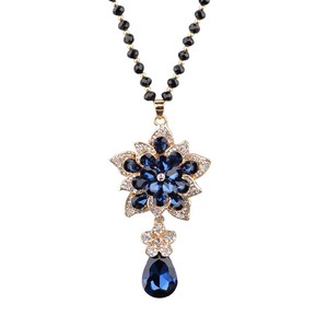 Fashion Pendant <b>Necklace</b> <b>Long</b> Black Beaded Chain Flower Design Gold Tone Party Jewelry for Women - Product Image 5