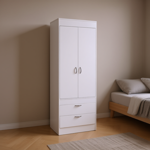 Armario Blanco Lisboa con Puertas Dobles, Dos Cajones y Tiradores Metálicos, Mueble de Dormitorio para Organización - Product Image 2