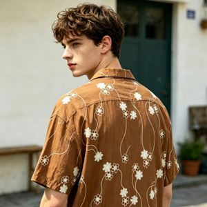 Camisa Casual de Lino/Algodón Marrón para Hombre, con Bordado Floral Jacquard, Tejido Transpirable de Secado Rápido para Verano, Superventas - Product Image 5