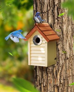 Casetta per Uccelli in Legno di Cedro con Tetto in Tegole, Alta e Verticale, per Uccelli come Bluetti, Fringuelli, Rondini, Cincialle, Cincialle Piccole, per Uso Esterno, Design Solido - Product Image 2