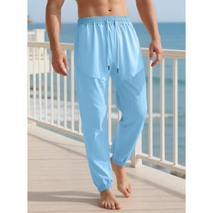 Pantalon en lin à cordon de serrage pour homme, taille élastique, fin, respirant, coupe ample, décontracté, pour usage quotidien et extérieur - Product Image 5