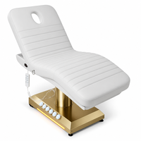 Cama de belleza eléctrica de 3 motores con columna dorada cepillada, base de luz LED cálida, orificio facial, para terapia, salón, spa, microblading, clínica