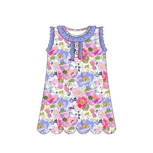 Vestido de Verano para Niña GSD3918, Estampado de Flores Rosas y Moradas, Sin Mangas, Hasta la Rodilla, de Algodón y Elastano, Venta al Por Mayor - Product Image 1