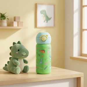 Gobelet isotherme pour enfants PINKAH Dinosaur 350 ml (12 oz) en acier inoxydable à double paroi, bouteille d'eau avec paille pour enfants et bébés avec poignée souple - Product Image 1