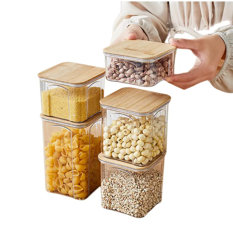 Wholesale large Plastic Airtight container coffee beans dispenser food storage bins kitchen organizer With Bamboo Lid