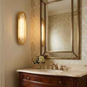 Applique murale moderne en albâtre, luminaire en pierre naturelle sculptée LED, avec longue plaque en feuille d'or, pour décoration d'allée d'hôtel de luxe, modèle <span class=keywords><strong>Samos</strong></span> haut sculpté - Product Image 2