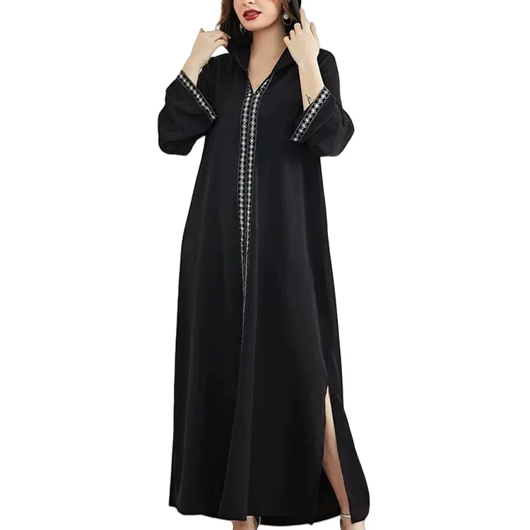 New thêu abaya DRESS v-cổ Đen trùm đầu loe tay áo bảo thủ Đầm Arab Trung Đông Dubai phụ nữ hồi giáo