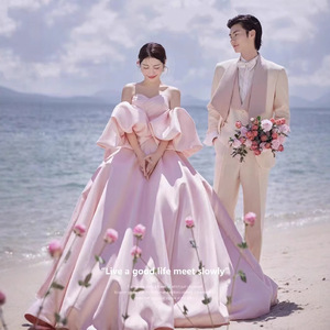 Pink Satin Ball Gown Wedding Dress Sweetheart Neckline Long Train Beach Photography - Product Image 2