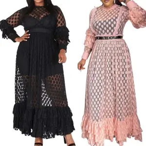 Women Casual Street Style Sheer Polka Dot Lace Up Dress Fashion Long Sleeve Long Skirt Dot Dresses