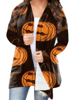 Cardigan en tricot à manches longues pour femme grande taille, style vintage, imprimé citrouille créatif Halloween, ouvert sur le devant