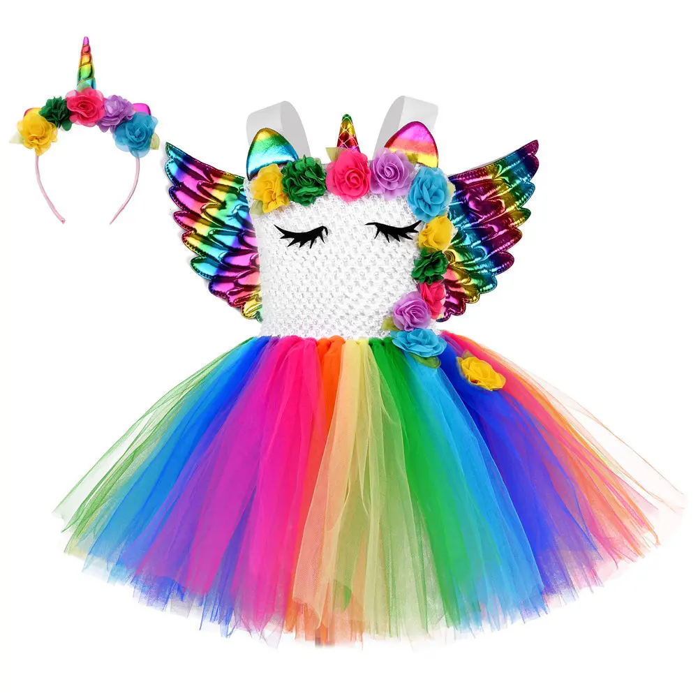 2-12Y Unicorn Dresses Children Birthday Sets With Wing Girls Party Costume Wedding Tutu Dress Wholesale