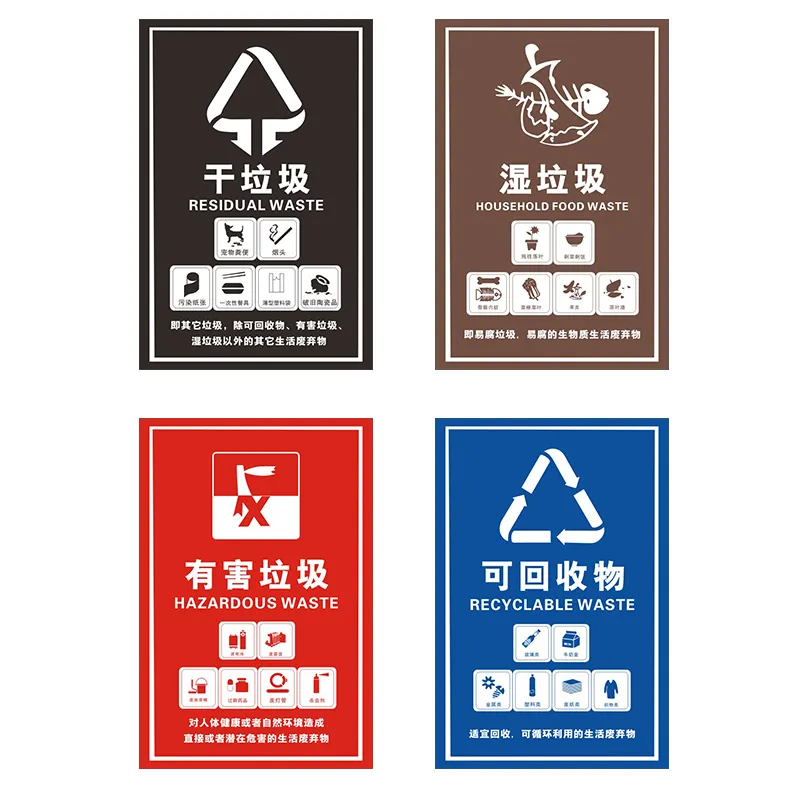 공공 포스터 사용자 정의 인쇄 4 개의 쓰레기 분류 포스터 세트