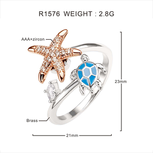 Bague Étoile de Mer et Tortue en Laiton avec Émail Bleu et Zircon Cubique, Bijoux pour Femme Style Côtier - Product Image 6