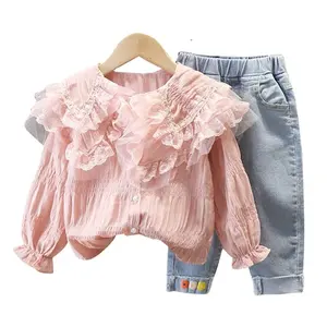 Wholesale Price High Quality Children Girls Spring Clothes Sets Pure Color Large Lapel Lace Shirt & Pants 2 Pcs Clothing Sets