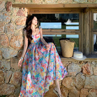 Robe longue bohème personnalisée en tissu tissé avec imprimé aquarelle mignon, bretelles spaghetti et volants pour femme, idéale pour les vacances, OEM ODM