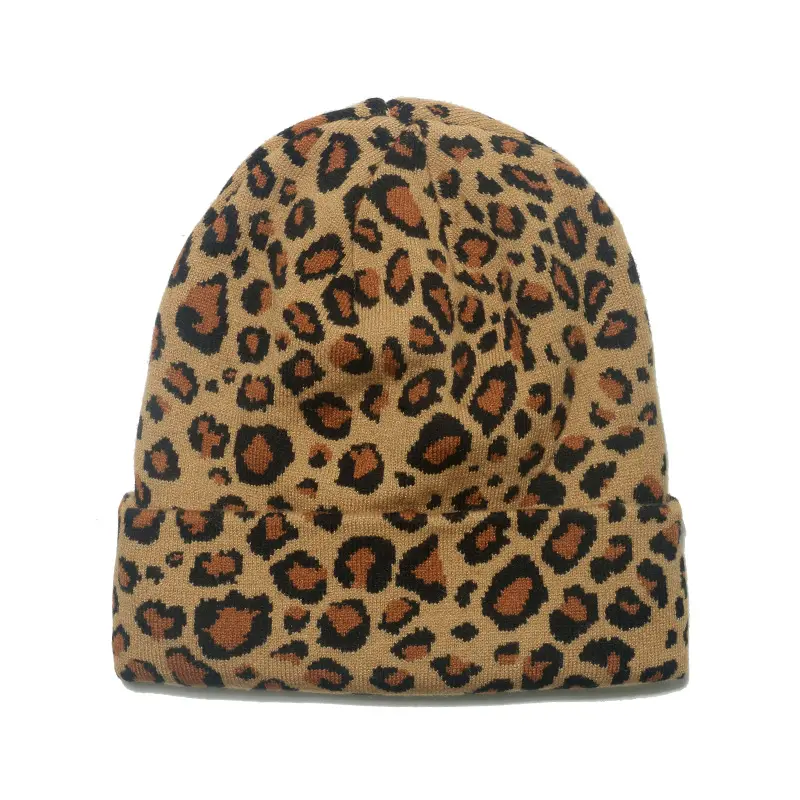 Gorros de invierno para hombre y mujer, gorro con puños con estampado de leopardo, gorro de esquí de calavera holgado suave y cálido de punto grueso de doble capa