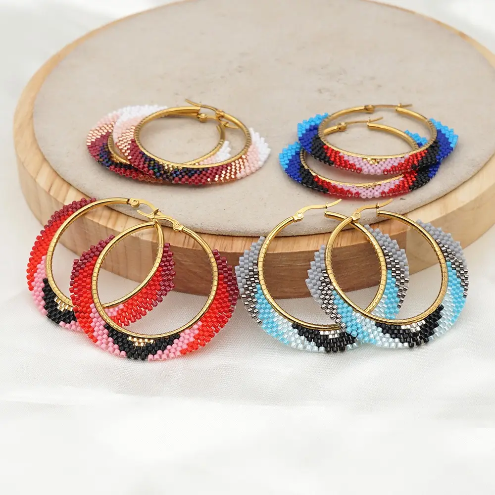 Go2boho Bohemian Native Earrings Wing Feather Shape Stainless Steel Jewelry Colorful Miyuki Beads Hoop Earrings For Women