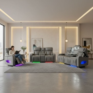 Moderno Conjunto de Sofás Reclinables Eléctricos Chesterfield de Cuero Ecológico con Luces LED, Almacenamiento y Patas Metálicas para Sala de Estar - Product Image 1