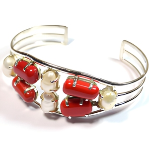 Bracelet manchette en argent sterling 925 véritable avec perles de corail rouge naturel et perles d'eau douce, jonc ouvert, bijoux fantaisie pour femme - Product Image 1