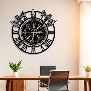 Reloj de Pared Metálico Vikingo Multiestilo Vegvisir con Runas Nórdicas, Mjolnir, Cuervos, Barco de Guerra y Hachas, Cortado con Láser, Recubrimiento en Polvo, Personalizable - Product Image 2