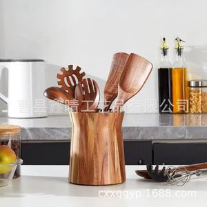 Porta utensilios de cocina de madera de acacia, barril de almacenamiento de madera maciza para herramientas de cocina, decoración estilo granja - Product Image 3