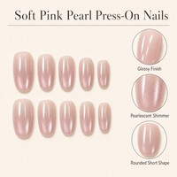 T1791 Kaixin Faux ongles à presser, forme ellipse moyenne, rose doux, nacré scintillant, effet œil de chat, style French, pour fêtes