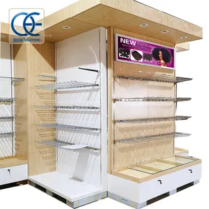 Customized Wig Display Rack With Hanger Wood Hair Extension Display Shelf Interior Wig Shop Design