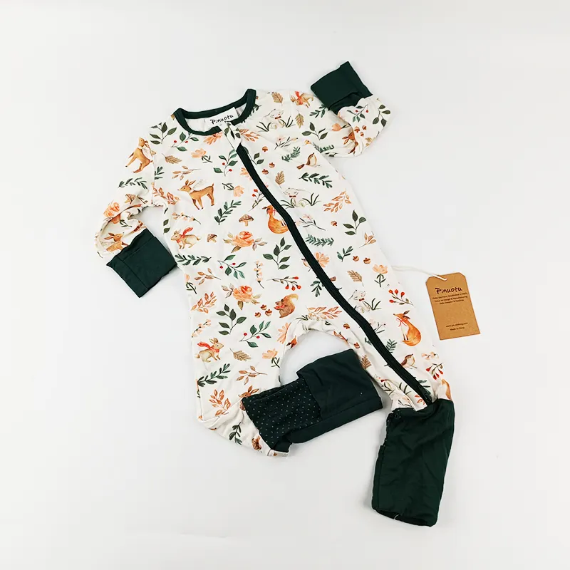 Pinuotu Rits Pyjama Lange Mouwen Botanische Pasgeboren Baby Kleding Katoenen Peuters Rompers Bloemen Footie Jumpsuit