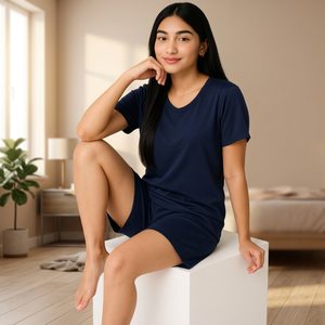 Women's Navy Fluid Short-Sleeved Shorty Set 100% Cotton Knitted Fabric Comfortable Breathable Elastic Waist Drawstring Shorts - Product Image 3