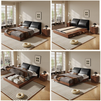 Mid-Century Modern Doppelbett mit Kopfteil und Stauraum, Massivholzrahmen, Schwarzes Leder-Polsterbett mit Hydraulischer Hebevorrichtung und Schublade