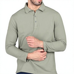 Polo à manches longues pour homme en coton piqué vert sauge avec col boutonné – Vêtement décontracté – Fabricant - Product Image 1