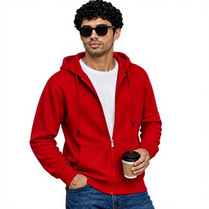 Sweat-shirt à capuche zippé rouge pour homme, coupe classique, couleur unie, décontracté, pour l'automne, 100% coton tissé, écologique, respirant - Product Image 4