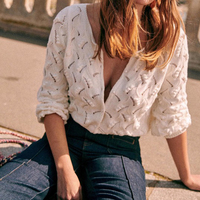 Cardigan en tricot bleu style français vintage pour femme, pull texturé effet popcorn, col en V, boutonné, élégant et chic