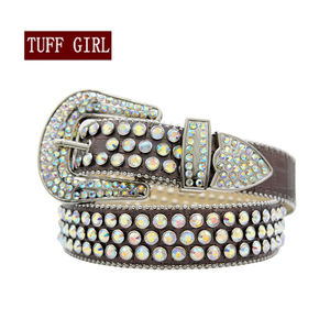 Sabuk kulit ular Retro untuk pria, sabuk kulit mewah bertatahkan safir Rubi, berlian imitasi berkilau biru gradien - Product Image 2