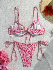 Fashion European And American Style <b>Pink</b> Floral Print Front Tie spaghetti straps Two Piece <b>Bikini</b> Women Island Beach Swimwear - Product Image 4