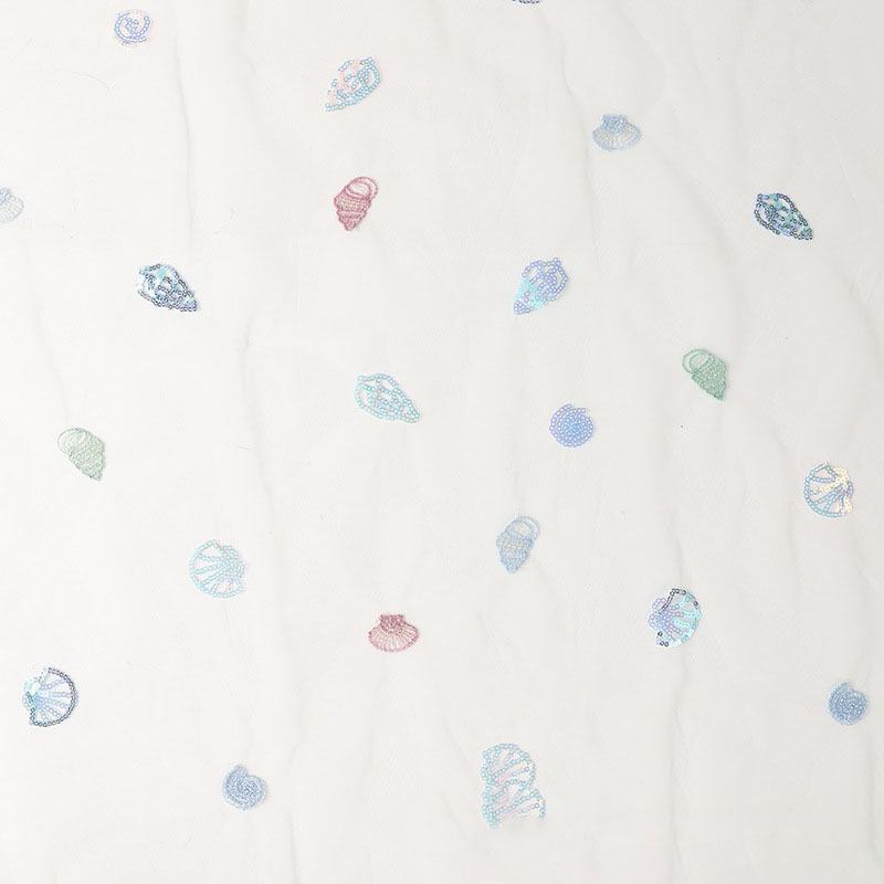 Весна-лето 2021, легкая Тюлевая сетчатая ткань с блестками и вышивкой в виде цветных ракушек, ткань с вышивкой в виде морских животных