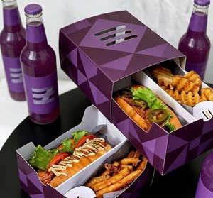Emballage alimentaire en papier en forme de bateau en papier ivoire imprimé sur mesure, plateau à gaufres, boîte à hamburger en carton, boîte à corndog, boîte à fast-food avec couvercles - Product Image 1