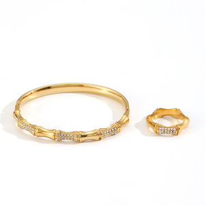 Bamboo Texture Stainless Steel <b>Bracelet</b> And Ring <b>Set</b> With Diamond Inlay For Party Jewelry Fashionable High End Titanium Steel - Product Image 3