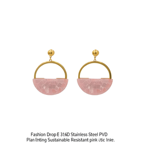 Fashion Drop <b>Earrings</b> 316L Stainless Steel PVD Gold Plating Sustainable Resistant Pink Stone Inlay - Product Image 2