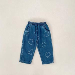 Printemps automne enfant en bas âge unisexe denim tête d'ours imprimé pantalon + revers cardigan bébé vêtements costume - Product Image 5