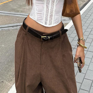 Pantalones de Pana Estilo Hip Hop Vintage, Transpirables, Ecológicos, 100% Poliéster, Corte Cómodo, Pierna Ancha, Detalle Plisado, Dobladillo Curvo - Product Image 5