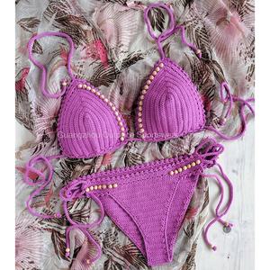 Maillot de bain deux pièces personnalisé en crochet tricoté à la main avec pompons, style coquillage, mini bikini à nouer, pour femme, idéal pour le fitness et la plage - Product Image 6