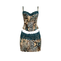 Anjie OEM ODM Ensemble 2 pièces pour femme, haut corset et mini-jupe, imprimé animal, bordure en dentelle turquoise, style Y2K, pour soirée, marque privée, vente en gros