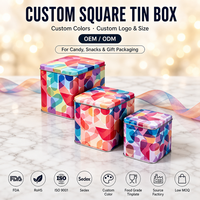 Ensemble de boîtes en étain carrées personnalisées avec art géométrique kaléidoscope pour bonbons, collations et emballages cadeaux, logo personnalisé OEM ODM