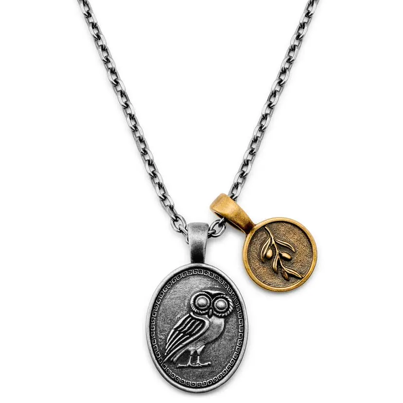 Fashion Design Vintage Silver-Tone Stainless Steel Owl Of Athena & Gold-Tone Coin Cable Chain Necklace For Ladies