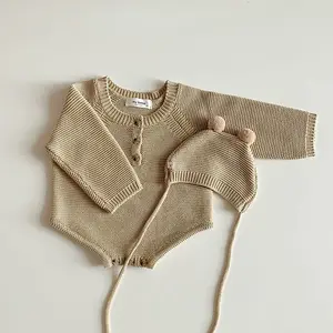 2023最新春秋女婴男童Romper棉针织纽扣长袖婴儿套装包括帽子