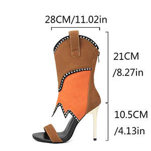 Sandales d'été à talons hauts et bout ouvert, patchwork, ornées de diamants, à bride unique, bottines courtes à fermeture éclair arrière pour femme, coupe large - Product Image 5